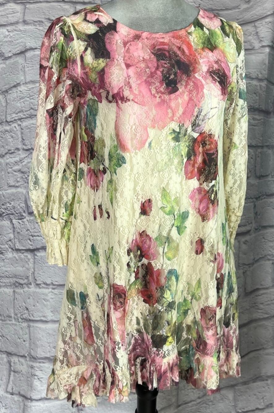 Gorgeous Fairycore Rose Floral Lace Hi-Low Long Blouse/Mini Dress w/ Ruffle Hem